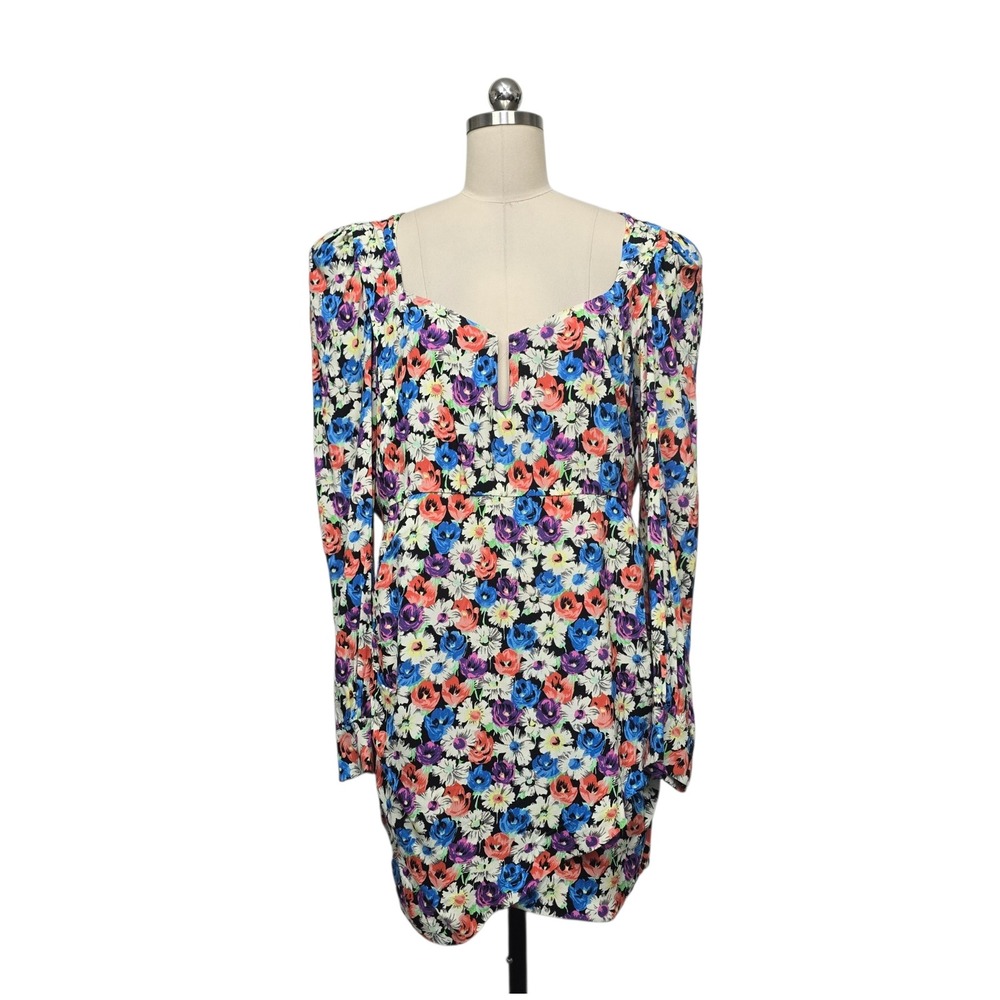 Zara Floral Mini Dress Size XXL‎ Multicolor Sweetheart Neck Puff Sleeve Ruched